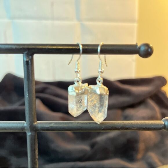 Clear Crystal Quartz Silvertone Point Earrings In Sterling Silver Hooks - Picture 6 of 11